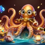 Experience the thrill of open88 with a colorful 3D scene of a kraken and diving cat amidst casino treasures.