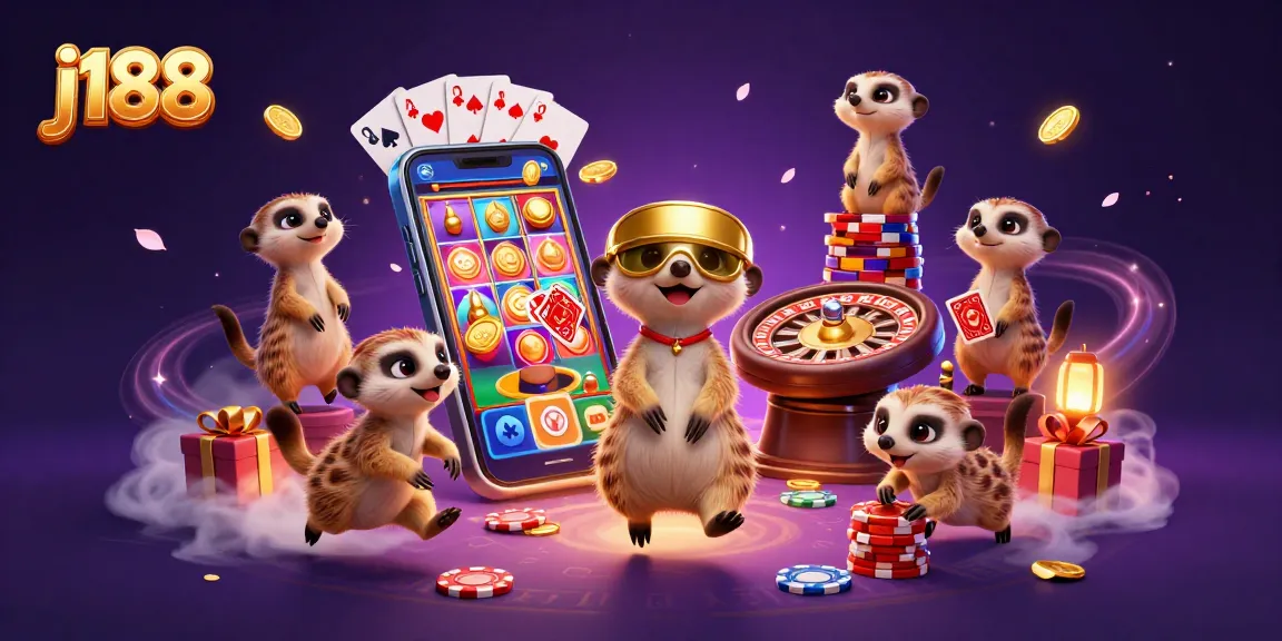 Experience the j188 casino with playful meerkats amid dynamic gaming elements and vivid visuals.