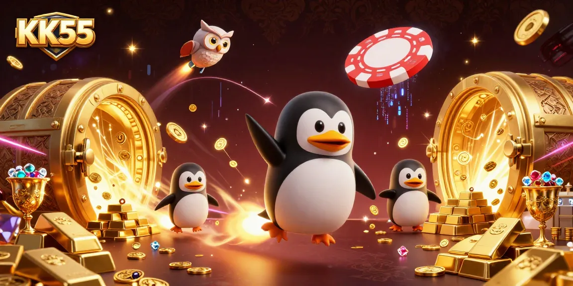 Experience thrilling gameplay at KK55 with a golden penguin launching towards jackpot treasure.