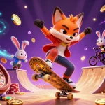 Engaging scene of 98WIN casino fun featuring a skateboarder fox and BMX rabbit amid dynamic casino elements.