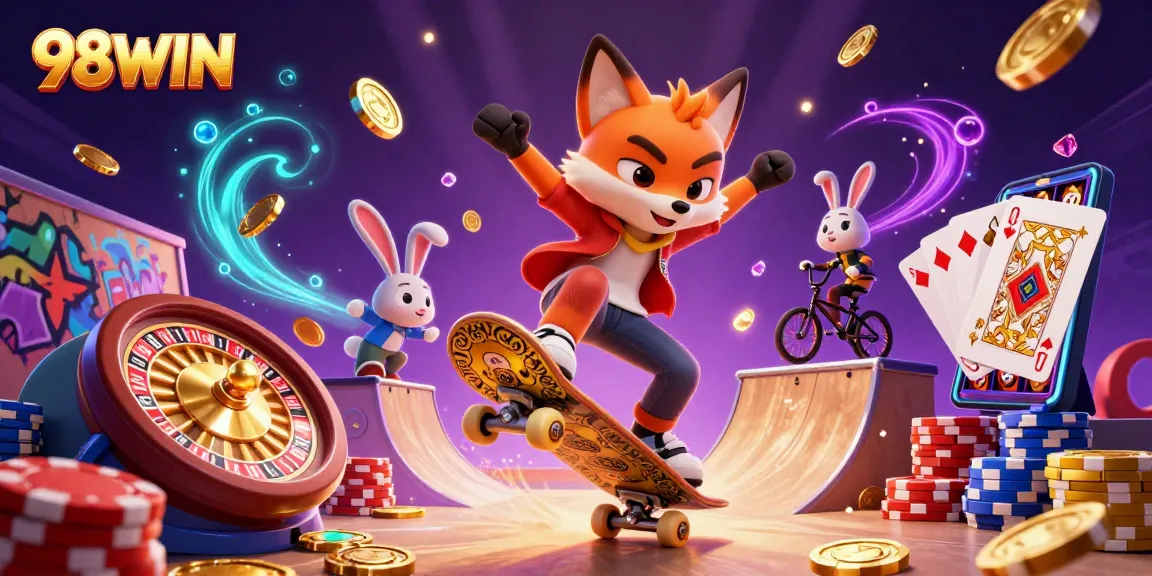 Engaging scene of 98WIN casino fun featuring a skateboarder fox and BMX rabbit amid dynamic casino elements.