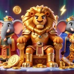 Experience thrilling games with nk88, featuring a majestic lion king and bitcoin coins in a vibrant 3D scene.