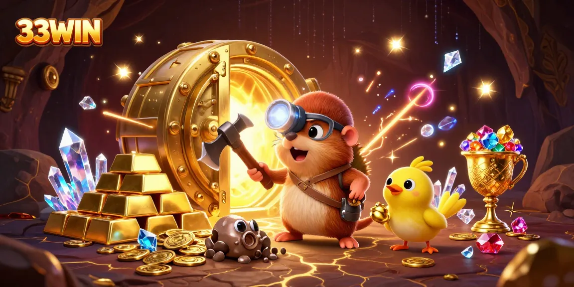 33WIN offers a thrilling gaming experience as a treasure hunter mole and canary uncover riches in a vibrant casino scene.